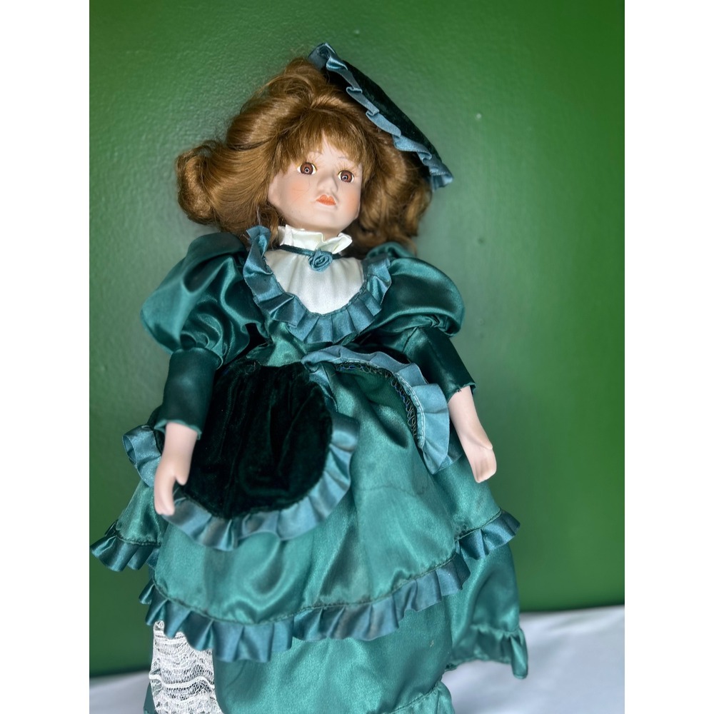 Vintage Porcelain Collector Doll Emerald Green Victorian Satin Gown with Stand